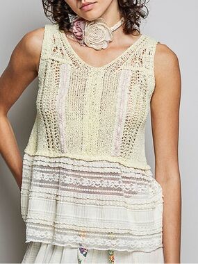 🎉Hello Gorgeous! POL V-Neck Crochet Sweater Vest with Lace Trim - Lemon